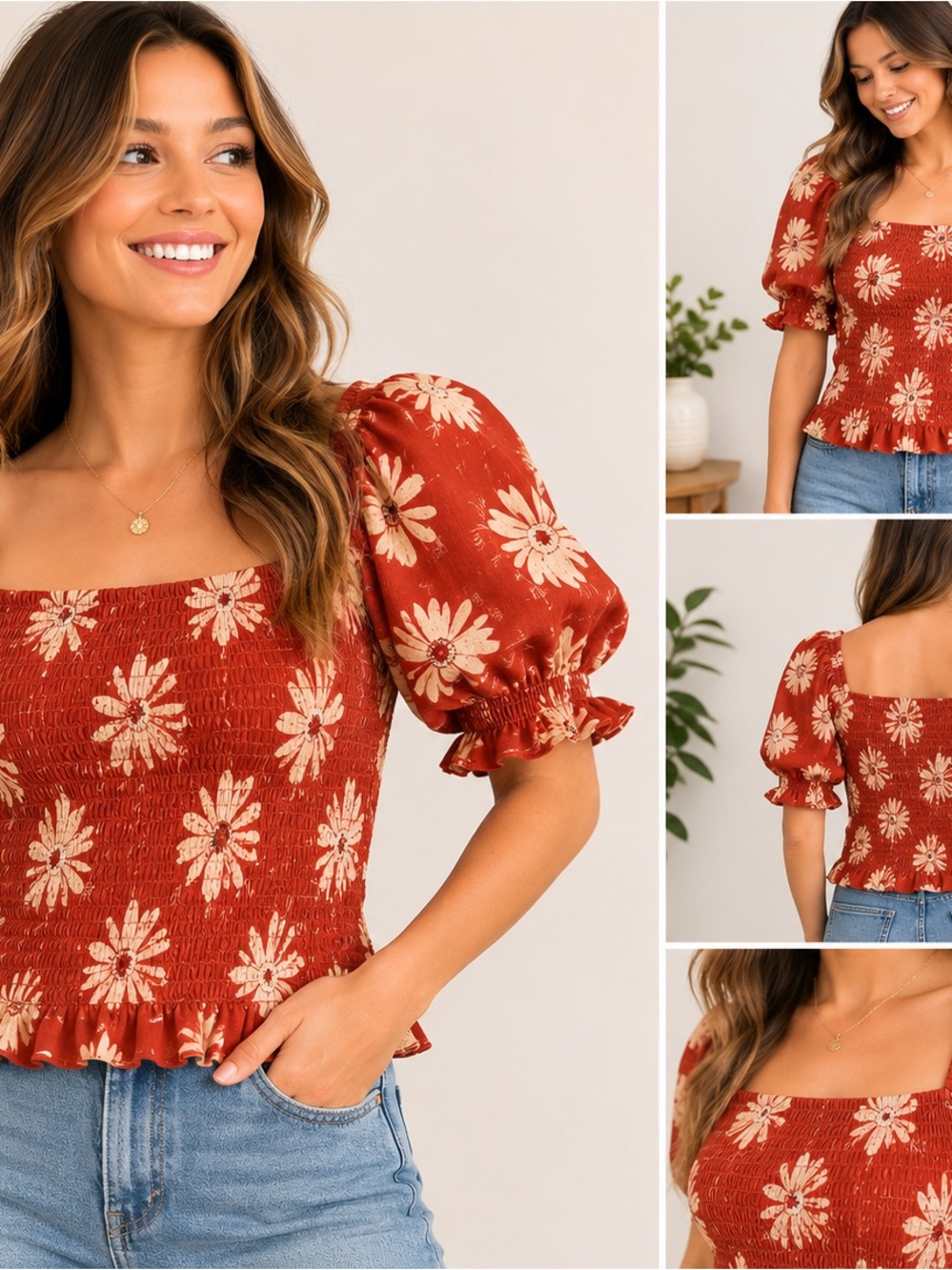 Madewell Smocked Floral Puff Sleeve Top Rust Orange Medium
